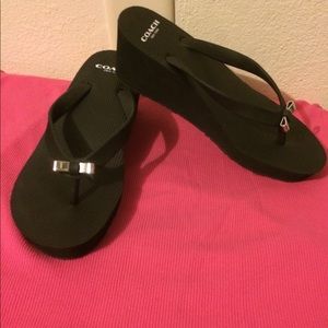 Coach Classic Bow Black Wedge Sandals